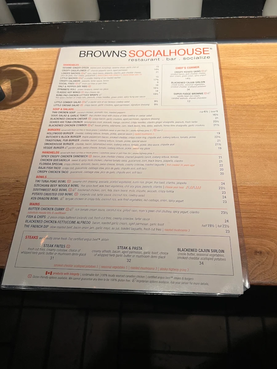 Menu, Browns Socialhouse Clearview