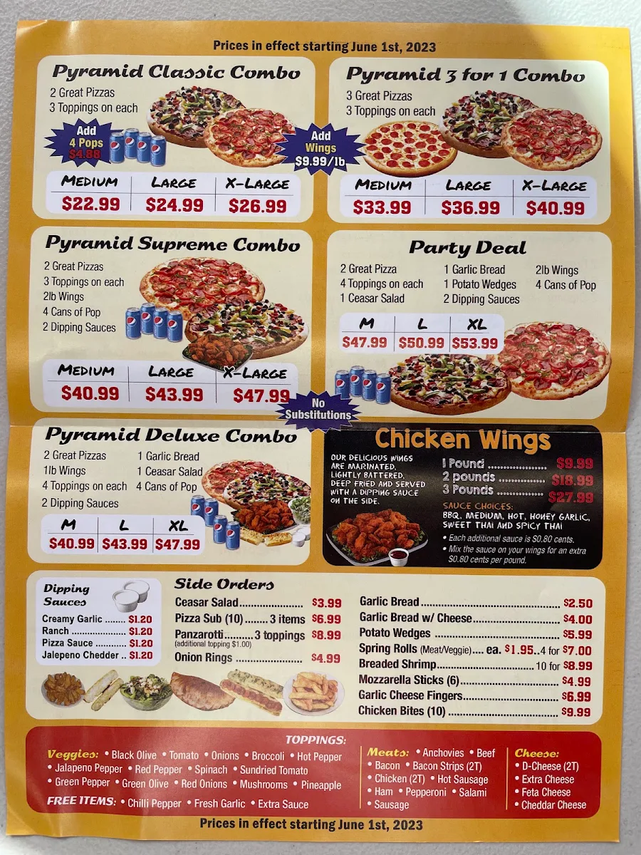 Menu, Pyramid Pizza & Wings