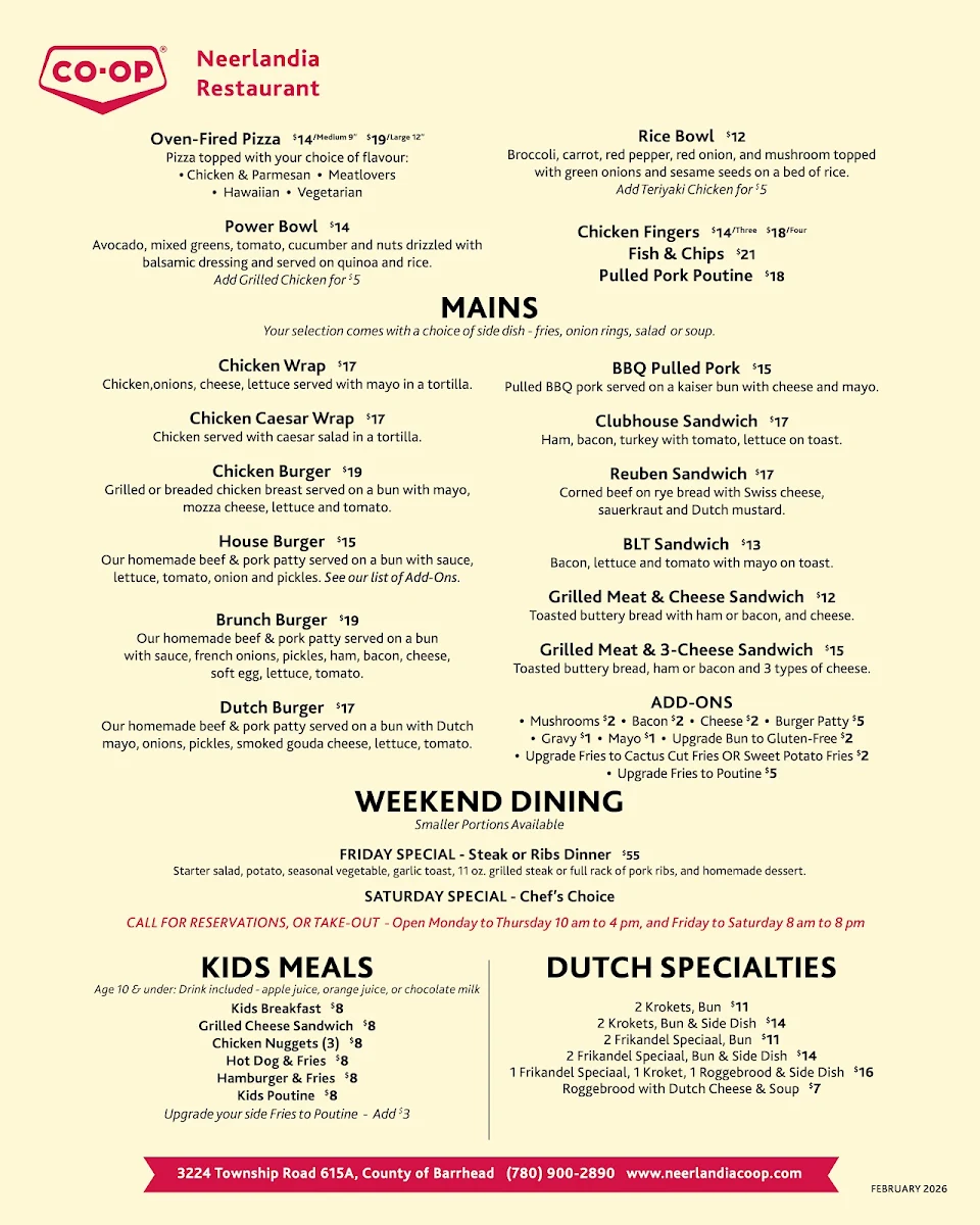 Menu, Neerlandia Coop Restaurant