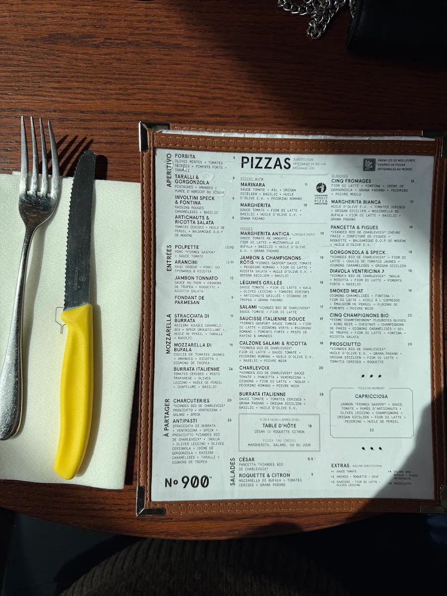 Menu, Pizzéria NO.900