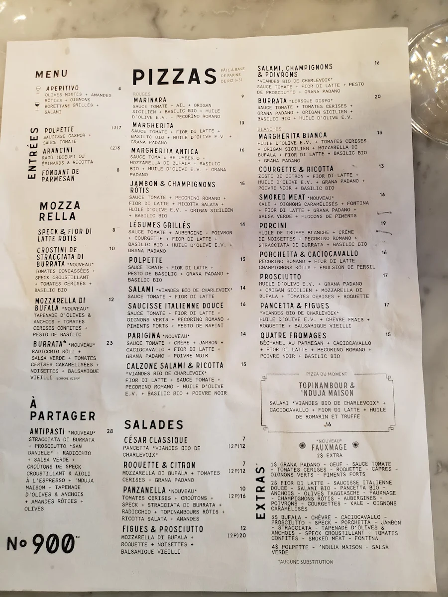 Menu, Pizzéria NO.900