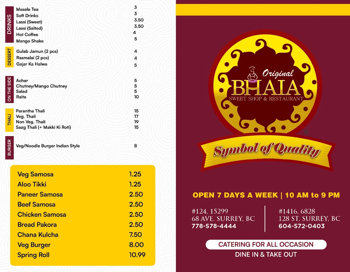 Menu, Original Bhaia Sweet Shop & Restaurant
