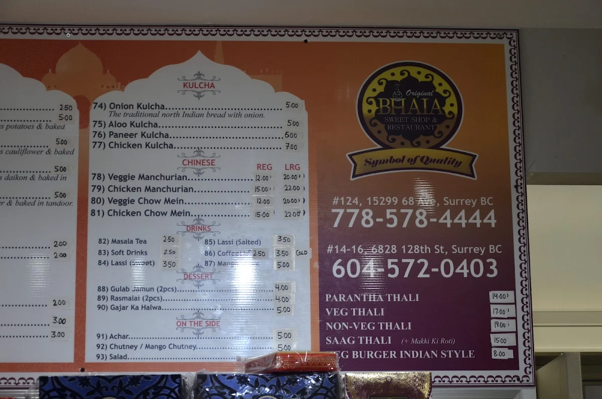 Menu, Original Bhaia Sweet Shop & Restaurant