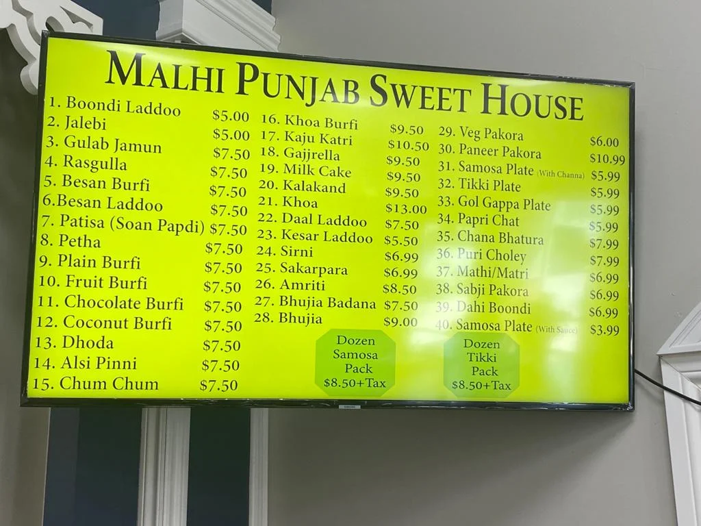 Menu, Malhi Punjab Sweet House
