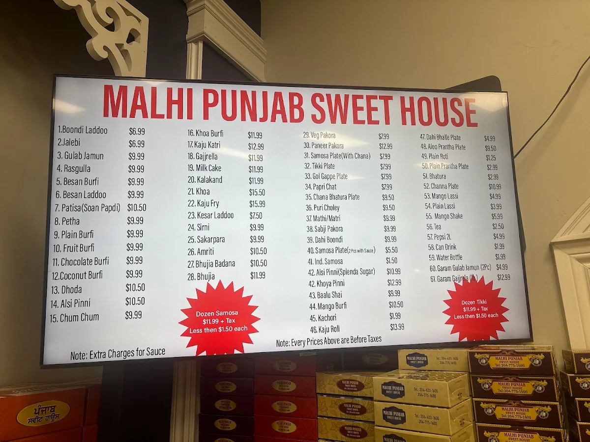 Menu, Malhi Punjab Sweet House