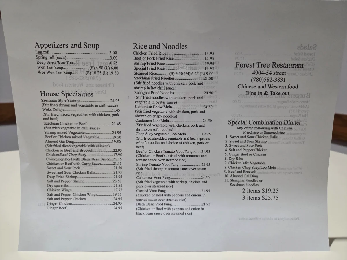 Menu, Forest Tree Restaurant & Lounge