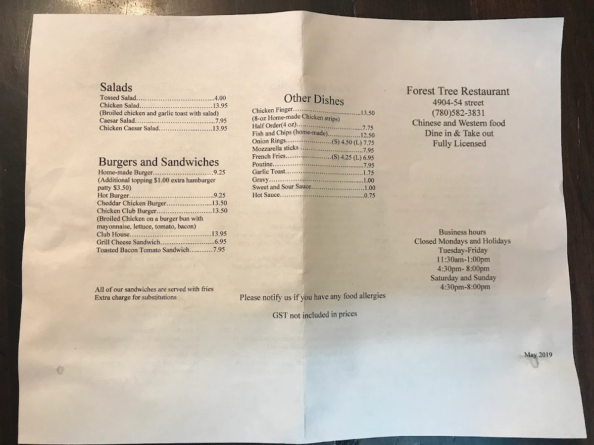 Menu, Forest Tree Restaurant & Lounge