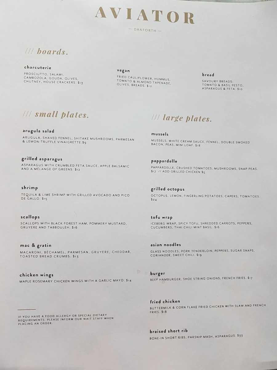 Menu, Aviator Danforth