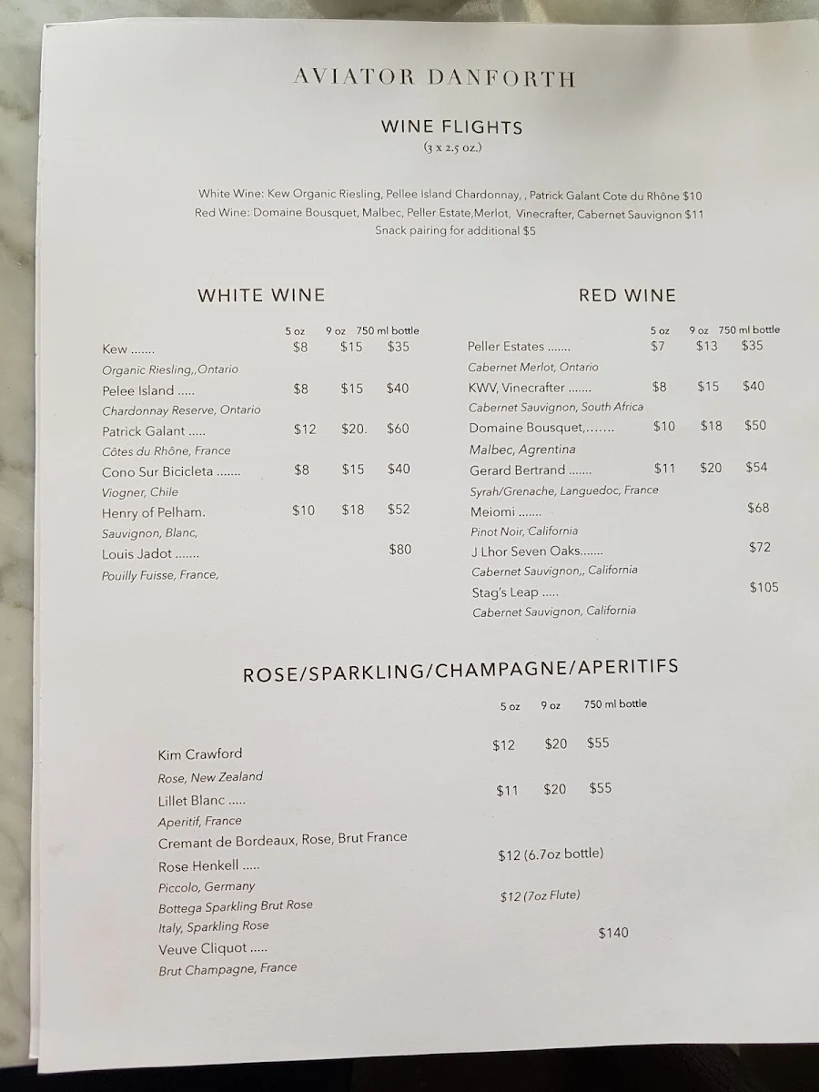 Menu, Aviator Danforth