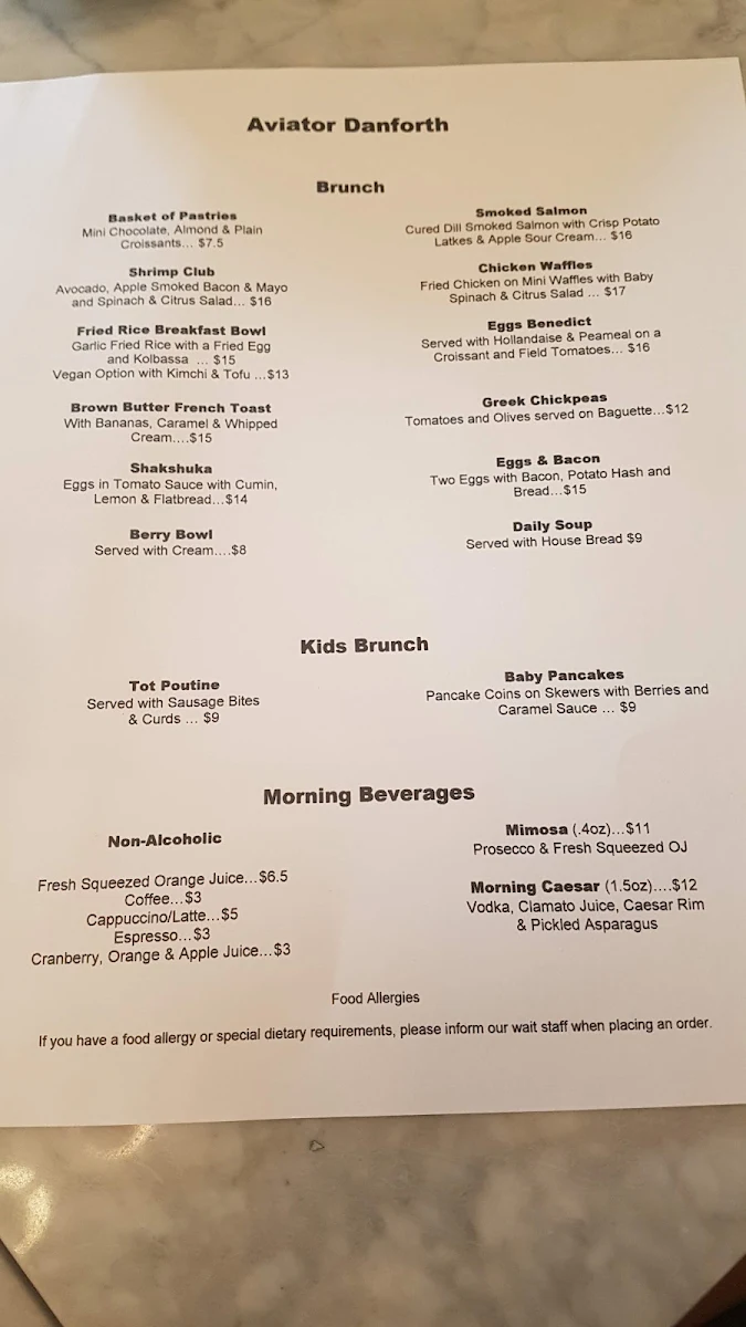 Menu, Aviator Danforth