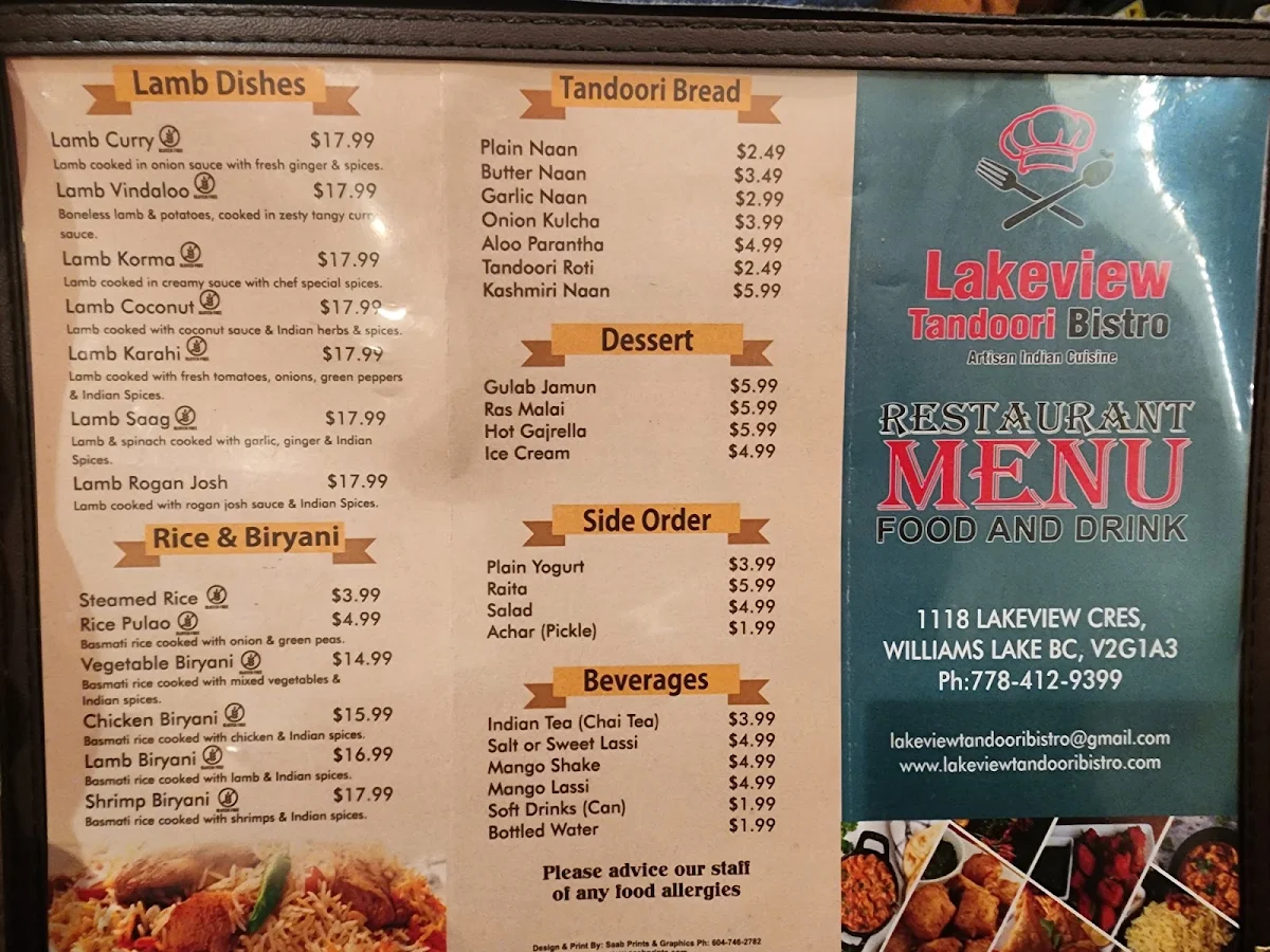 Menu, Lakeview Tandoori Bistro