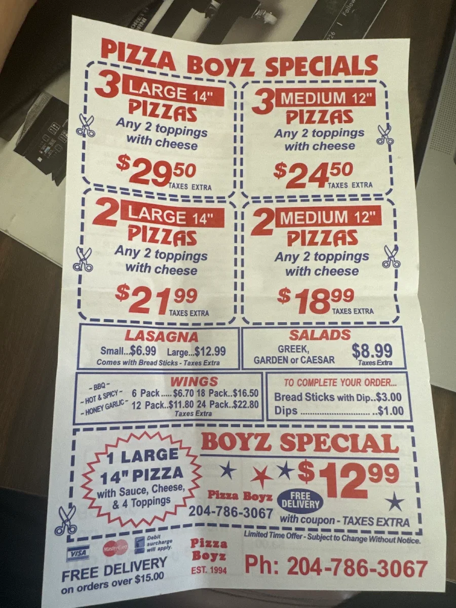 Menu, Pizza Boyz