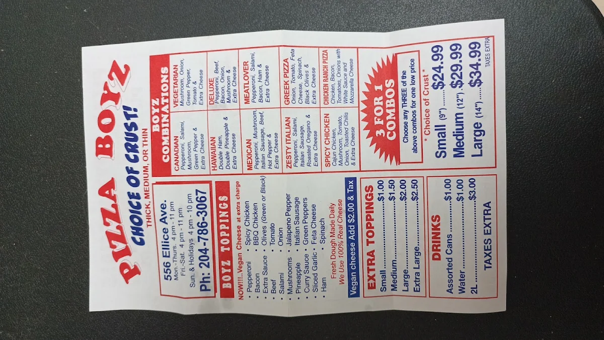 Menu, Pizza Boyz
