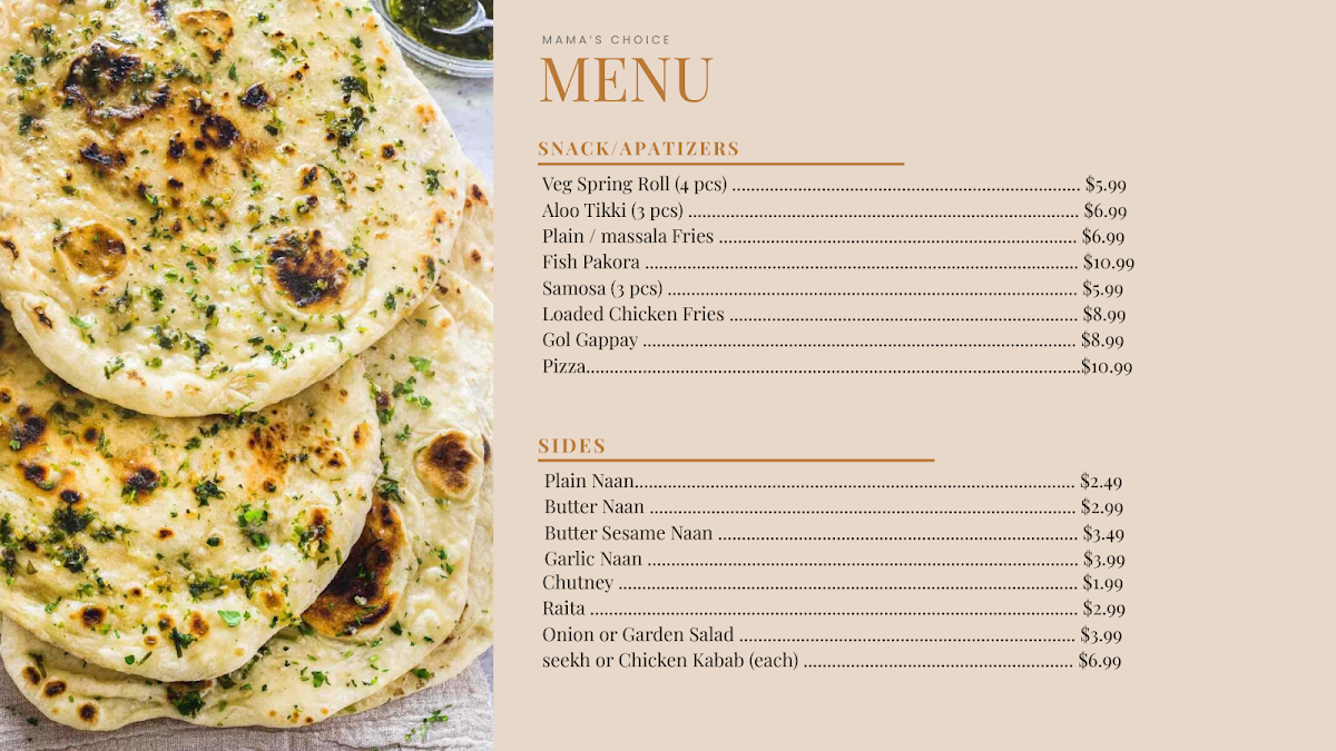 Menu, Mama's Choice Restaurant