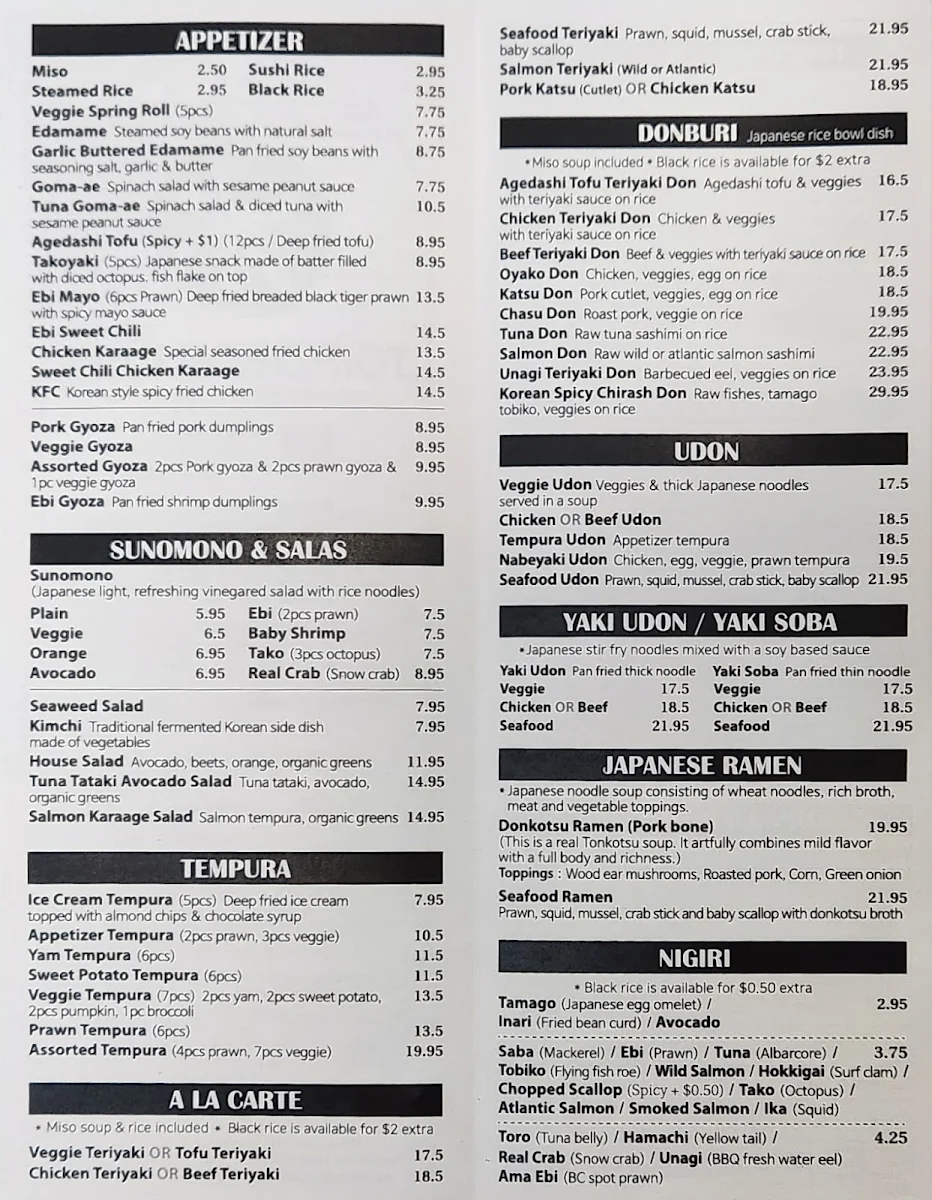 Menu, Tokyo Hon Sushi
