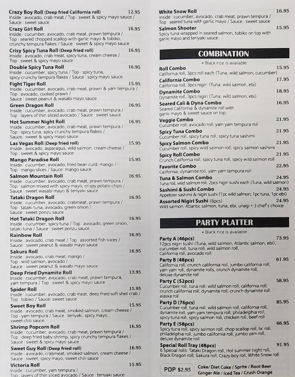 Menu, Tokyo Hon Sushi