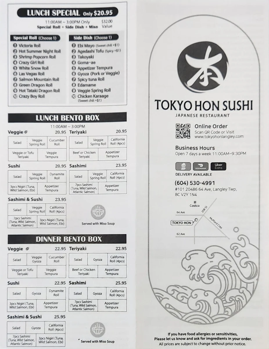 Menu, Tokyo Hon Sushi