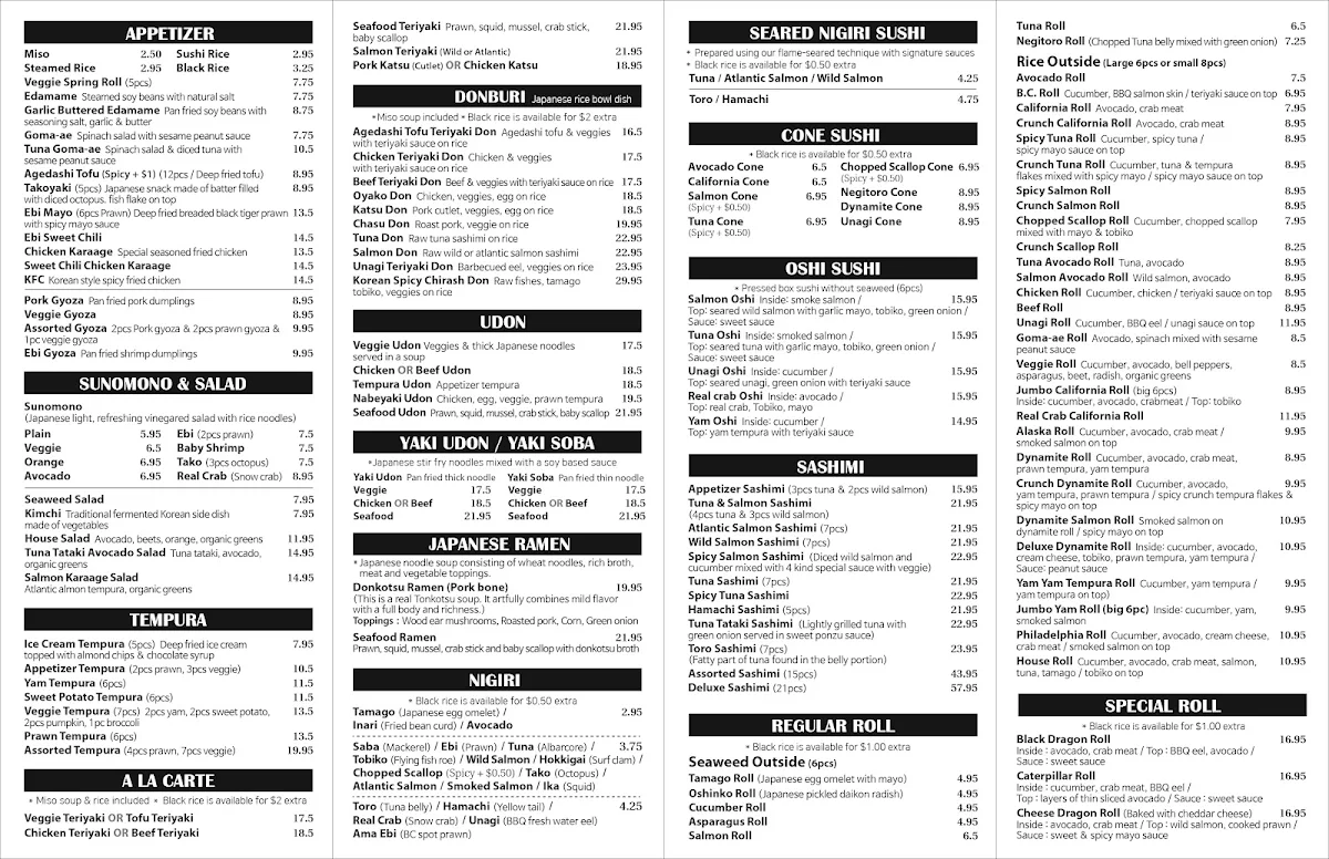 Menu, Tokyo Hon Sushi