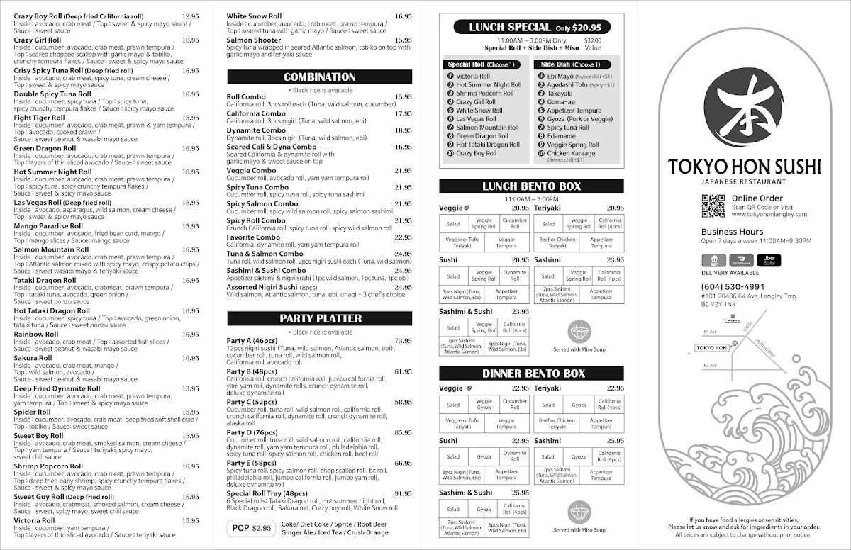 Menu, Tokyo Hon Sushi