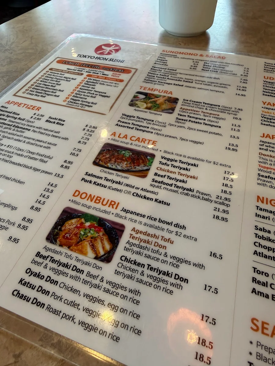 Menu, Tokyo Hon Sushi