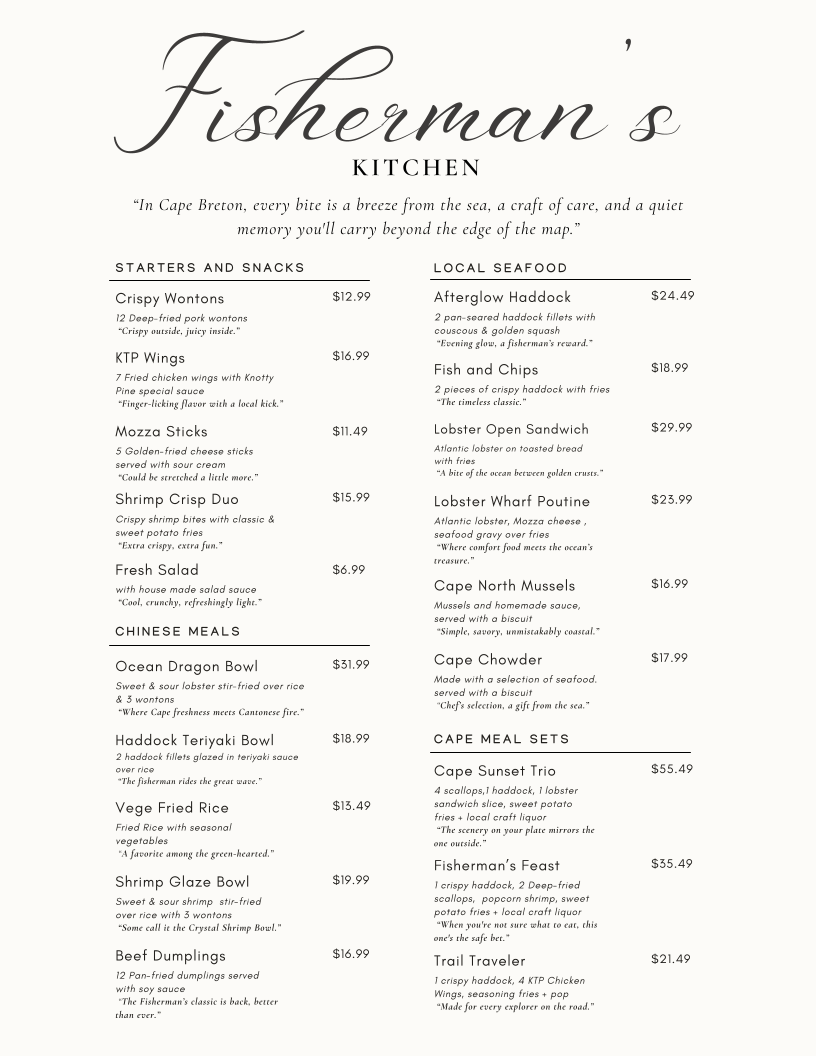 Menu, Fisherman’s Kitchen