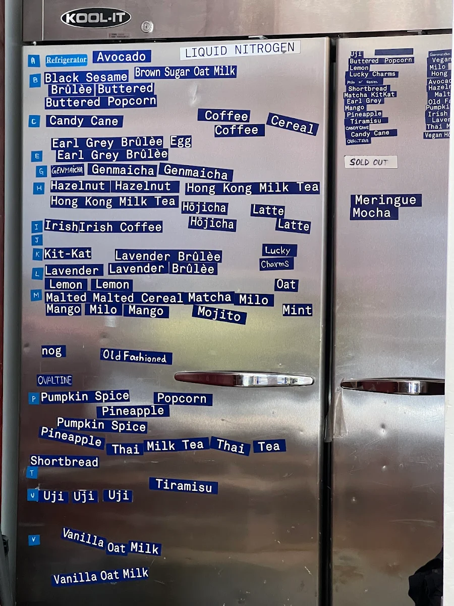 Menu, Mister Artisan Ice Cream