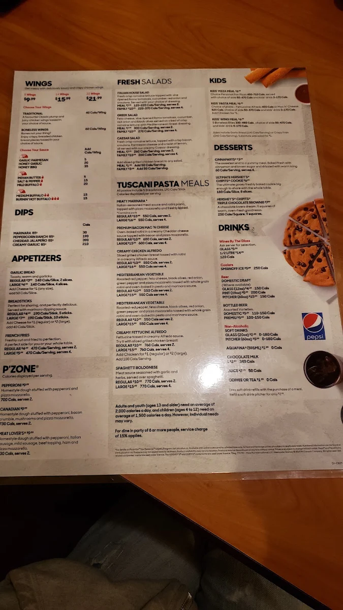 Menu, Pizza Hut