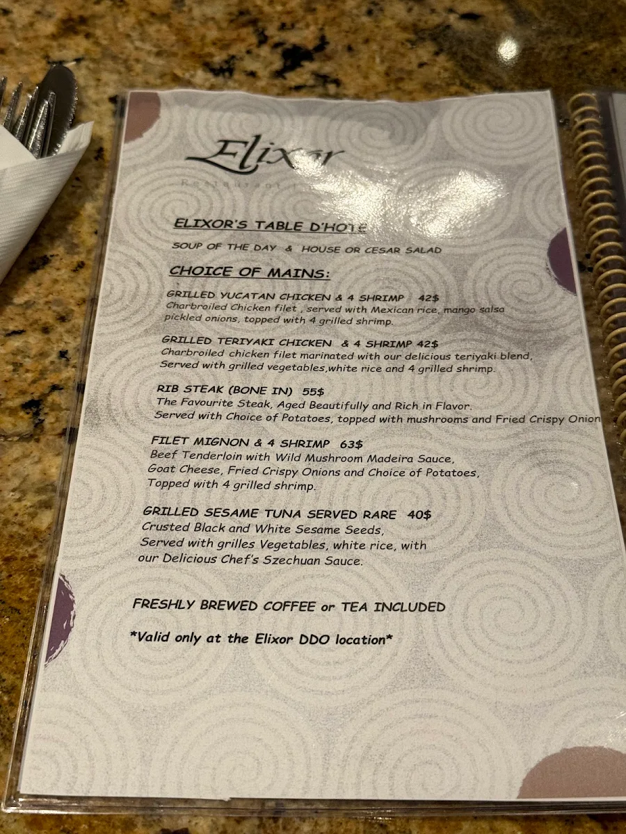 Menu, Elixor