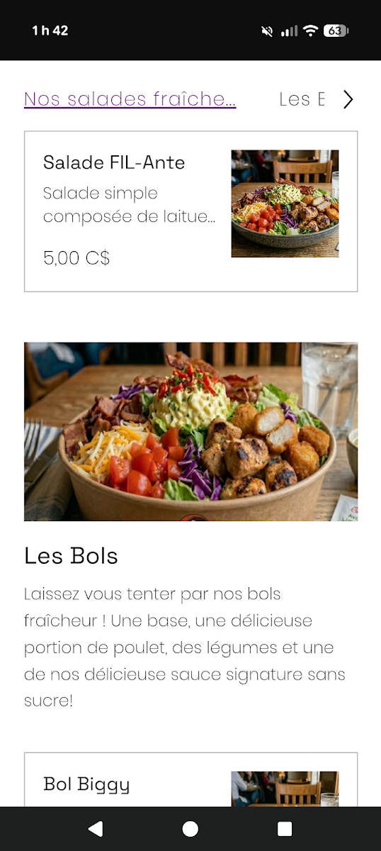 Menu, Chez Nicole Mets préparés santé et Bistro
