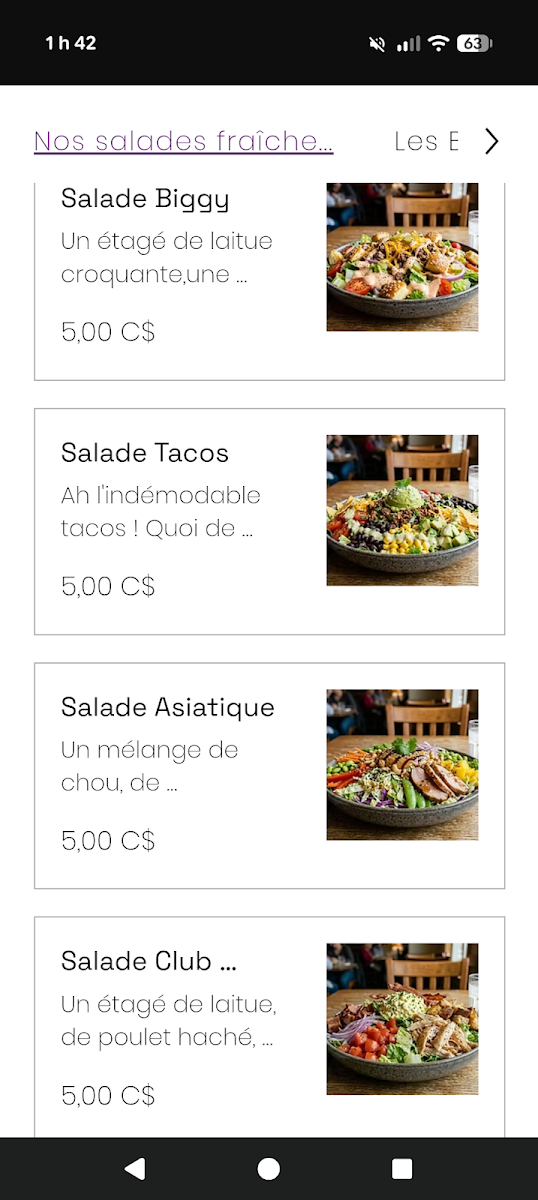 Menu, Chez Nicole Mets préparés santé et Bistro