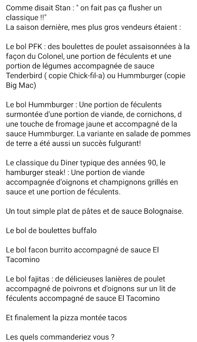 Menu, Chez Nicole Mets préparés santé et Bistro