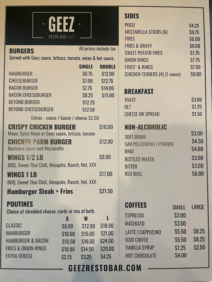 Menu, Geez Resto-Bar Café