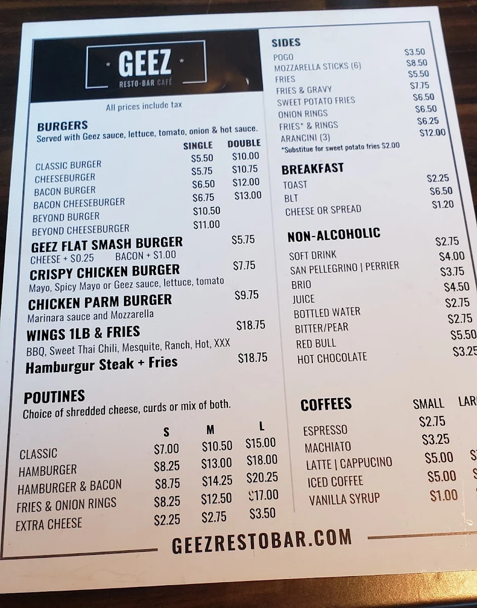 Menu, Geez Resto-Bar Café
