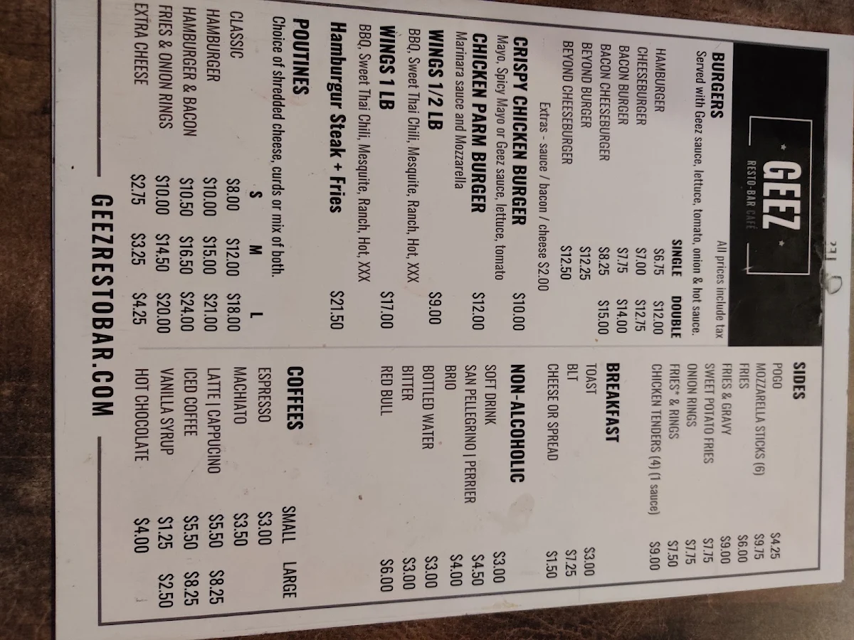 Menu, Geez Resto-Bar Café