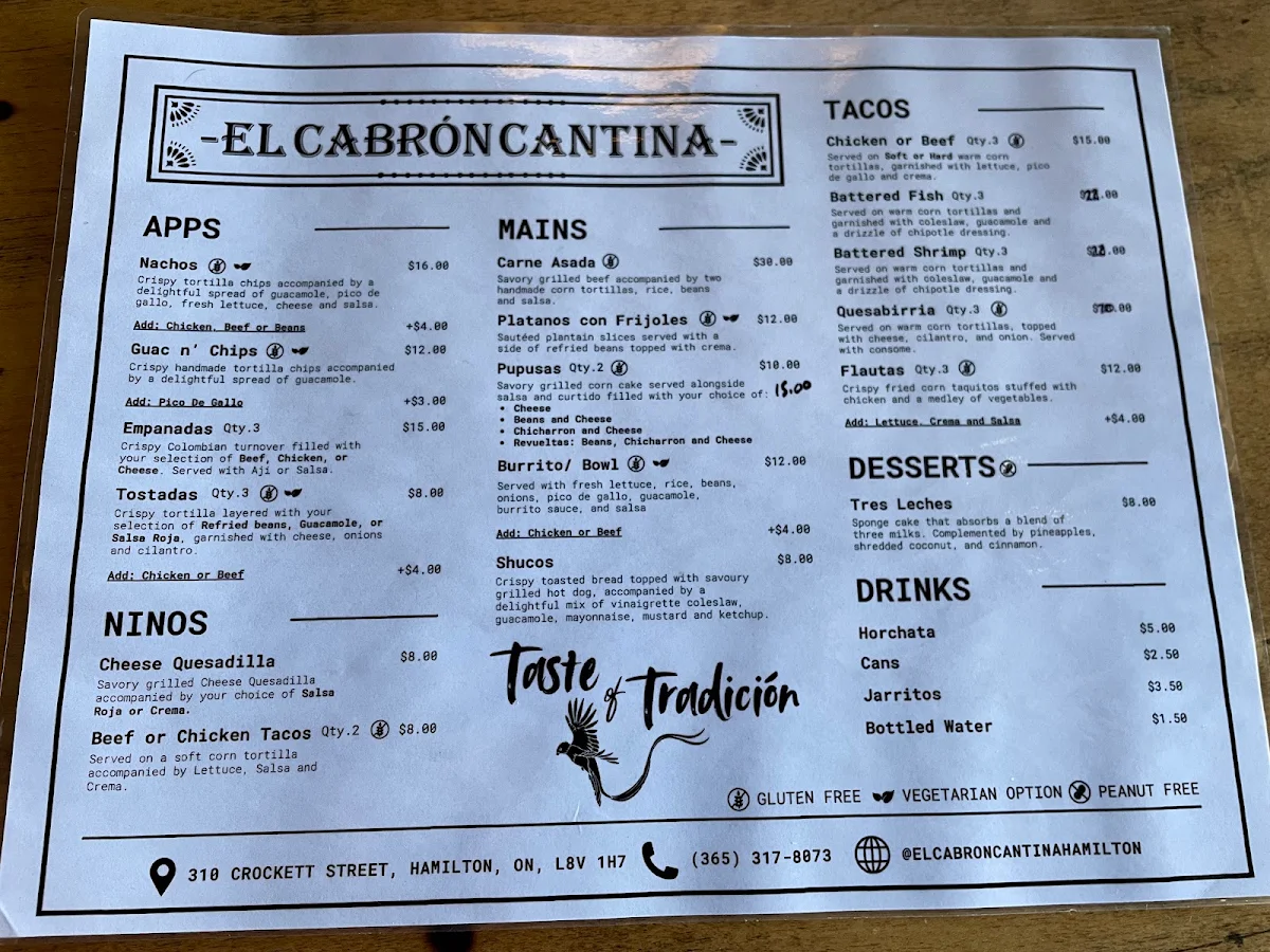 Menu, El Cabrón Cantina