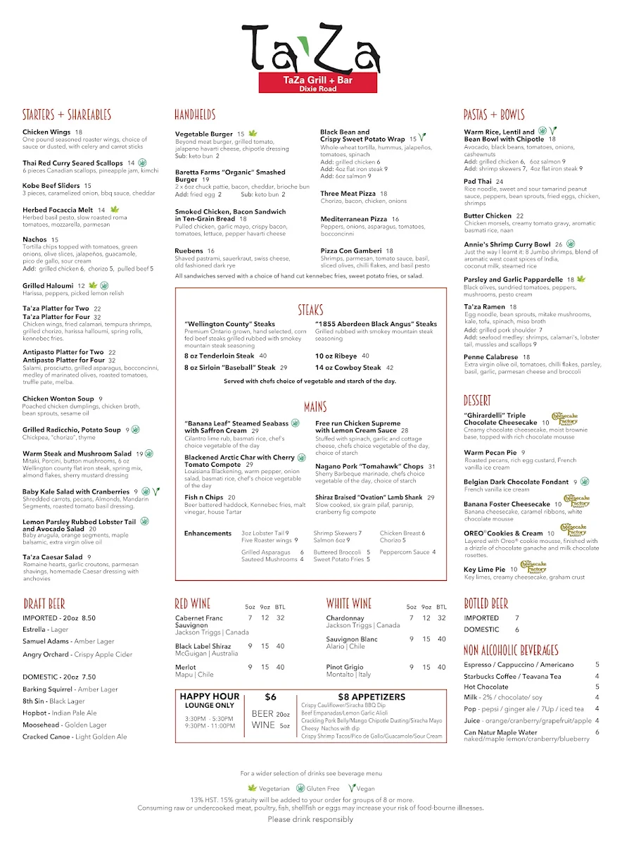 Menu, TaZa Grill + Bar 5444 Dixie Road