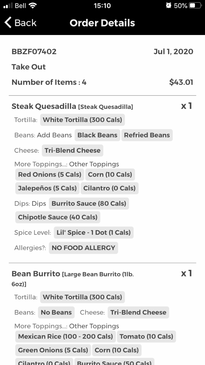 Menu, Burrito Boyz