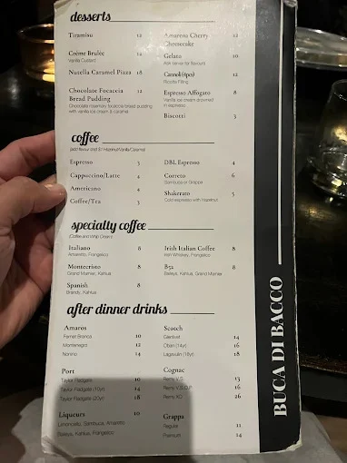 Menu, Buca Di Bacco