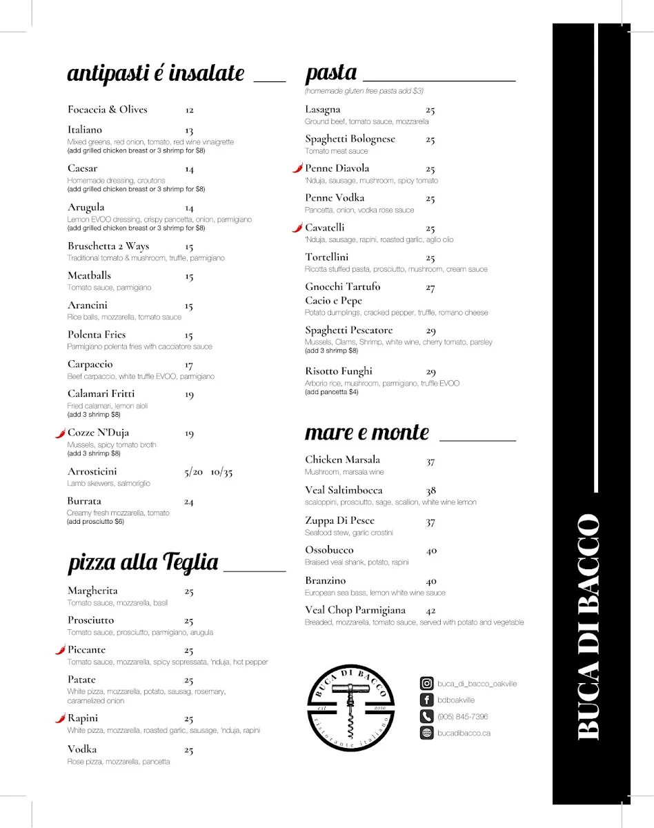 Menu, Buca Di Bacco
