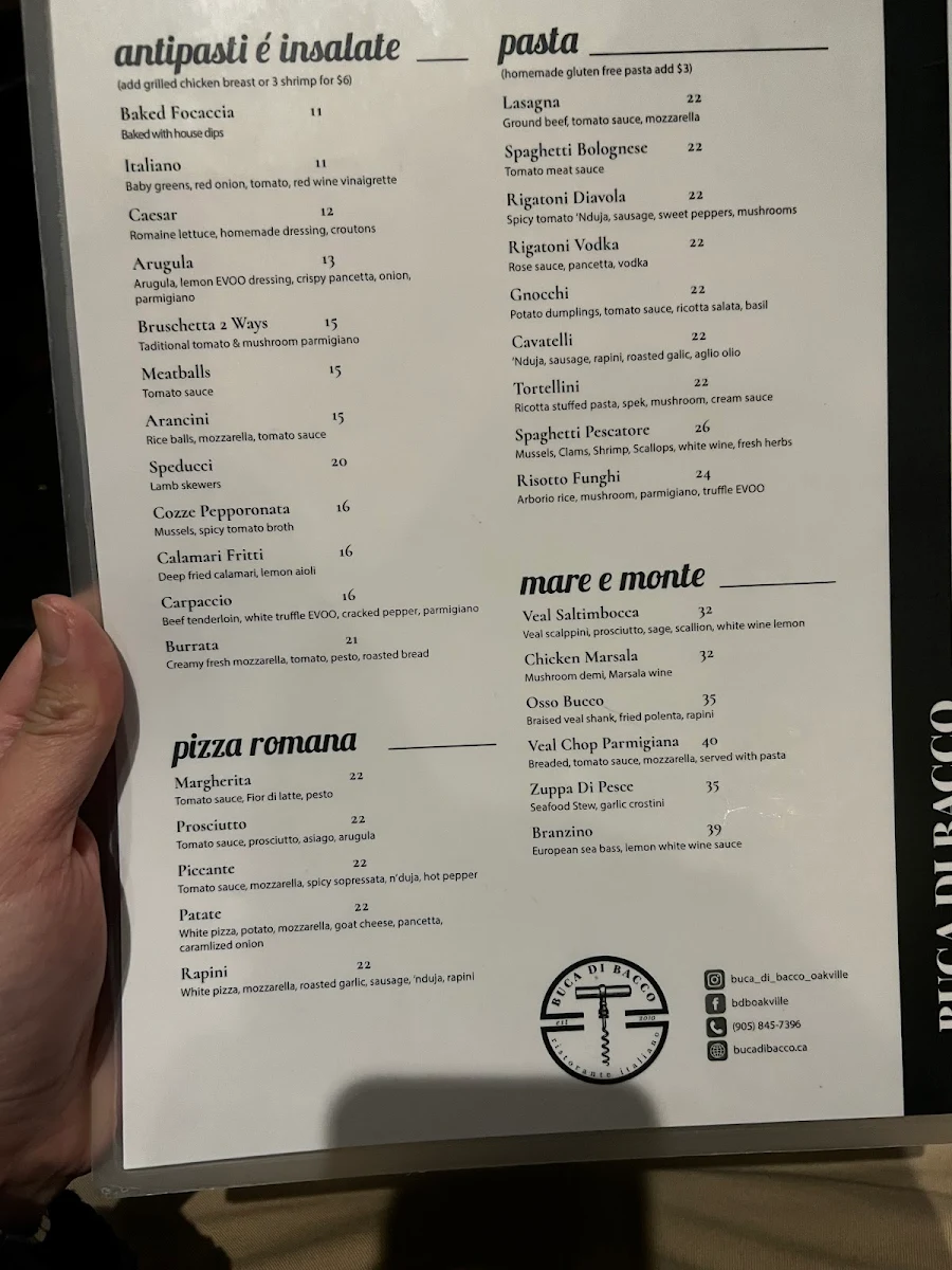 Menu, Buca Di Bacco
