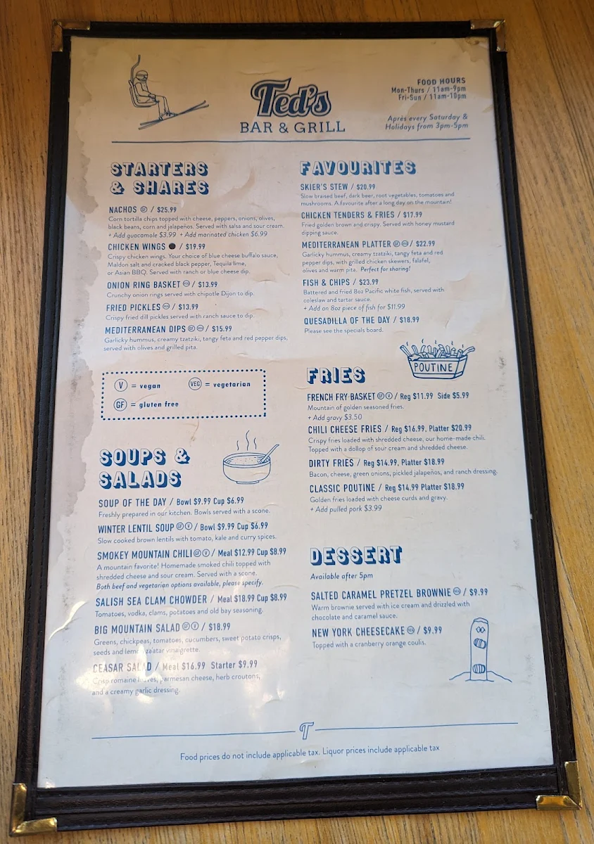 Menu, Ted's Bar & Grill