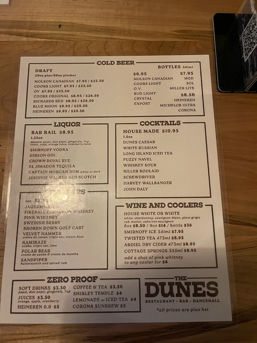 Menu, The Dunes Restaurant and Bar