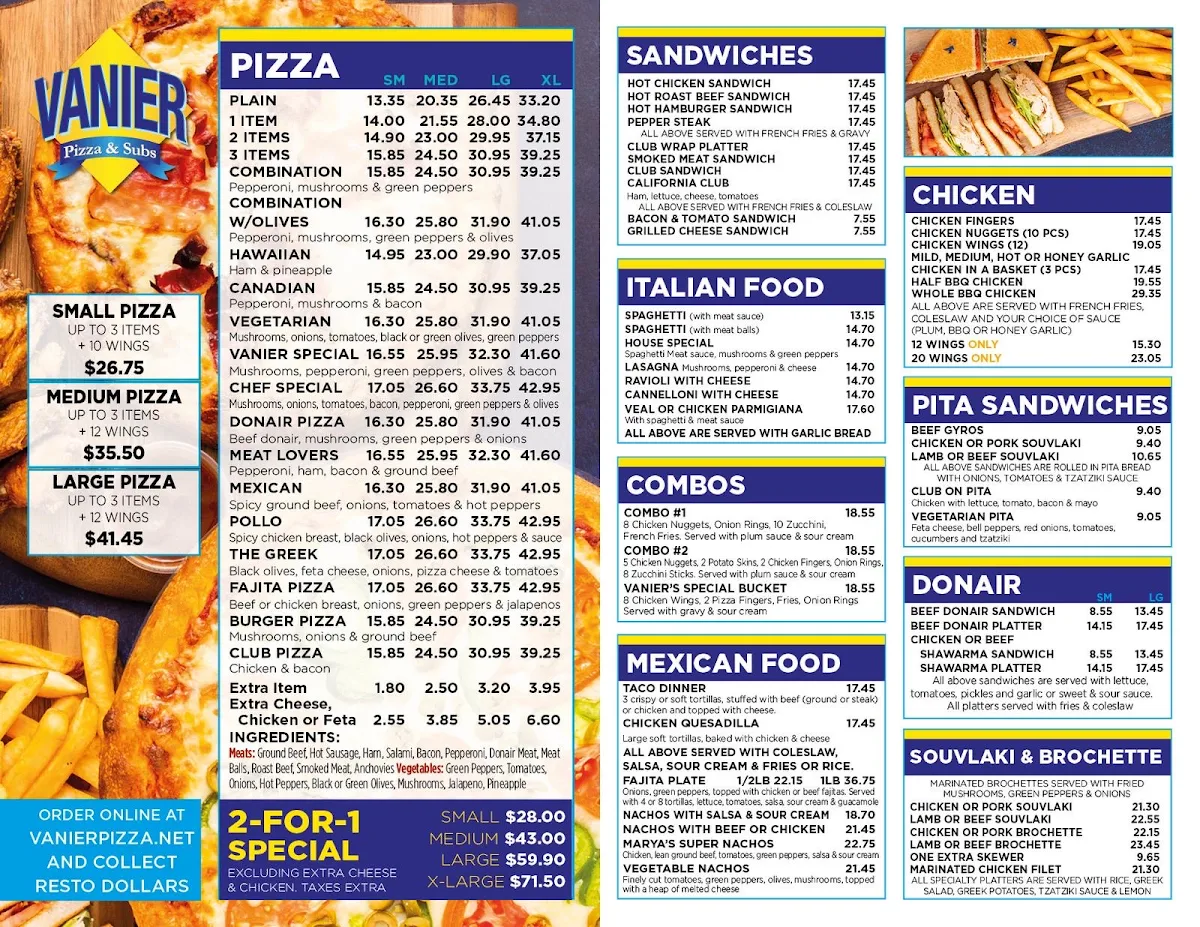 Menu, Vanier Pizza & Subs