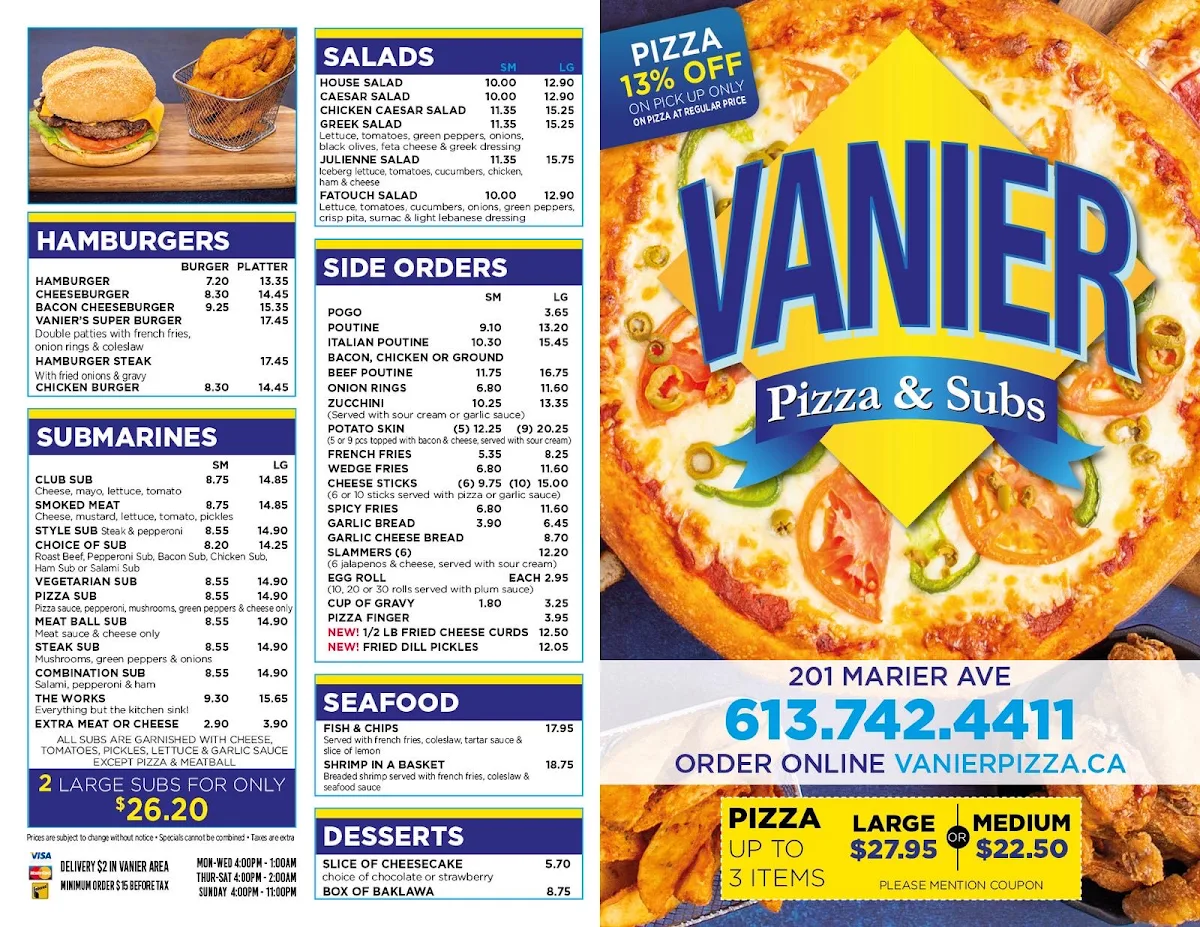 Menu, Vanier Pizza & Subs