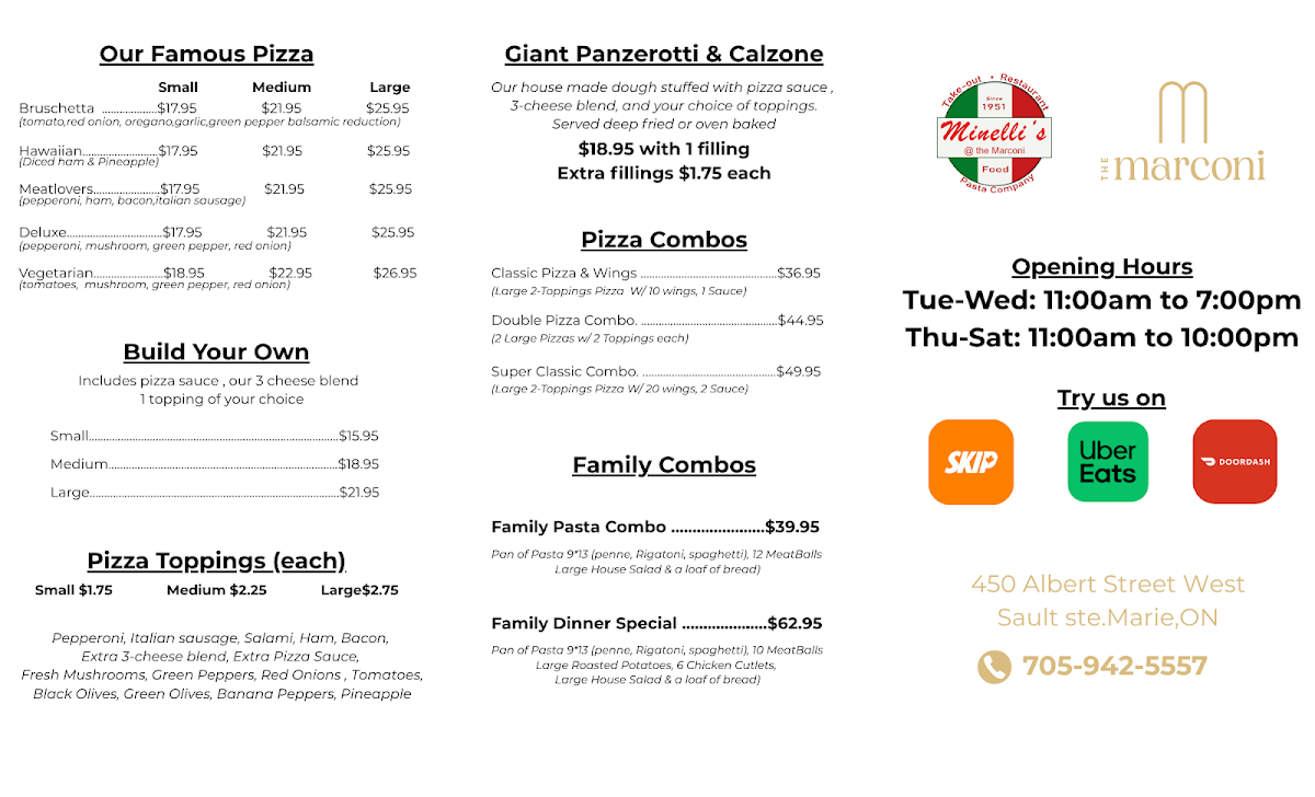 Menu, Minelli's Takeout