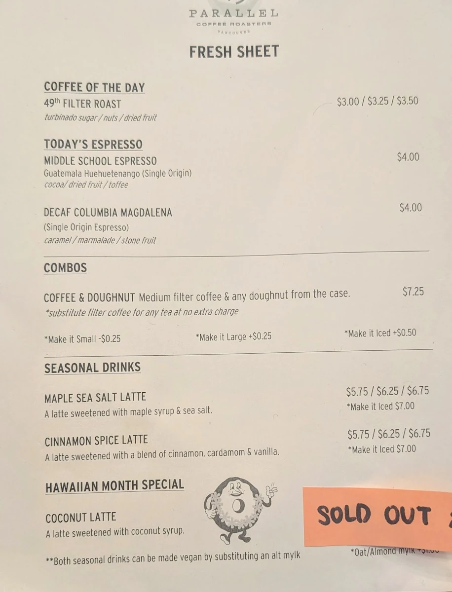 Menu, 49th Parallel Café & Lucky's Doughnuts - Thurlow