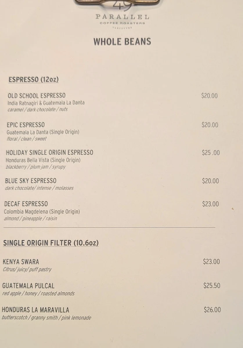 Menu, 49th Parallel Café & Lucky's Doughnuts - Thurlow