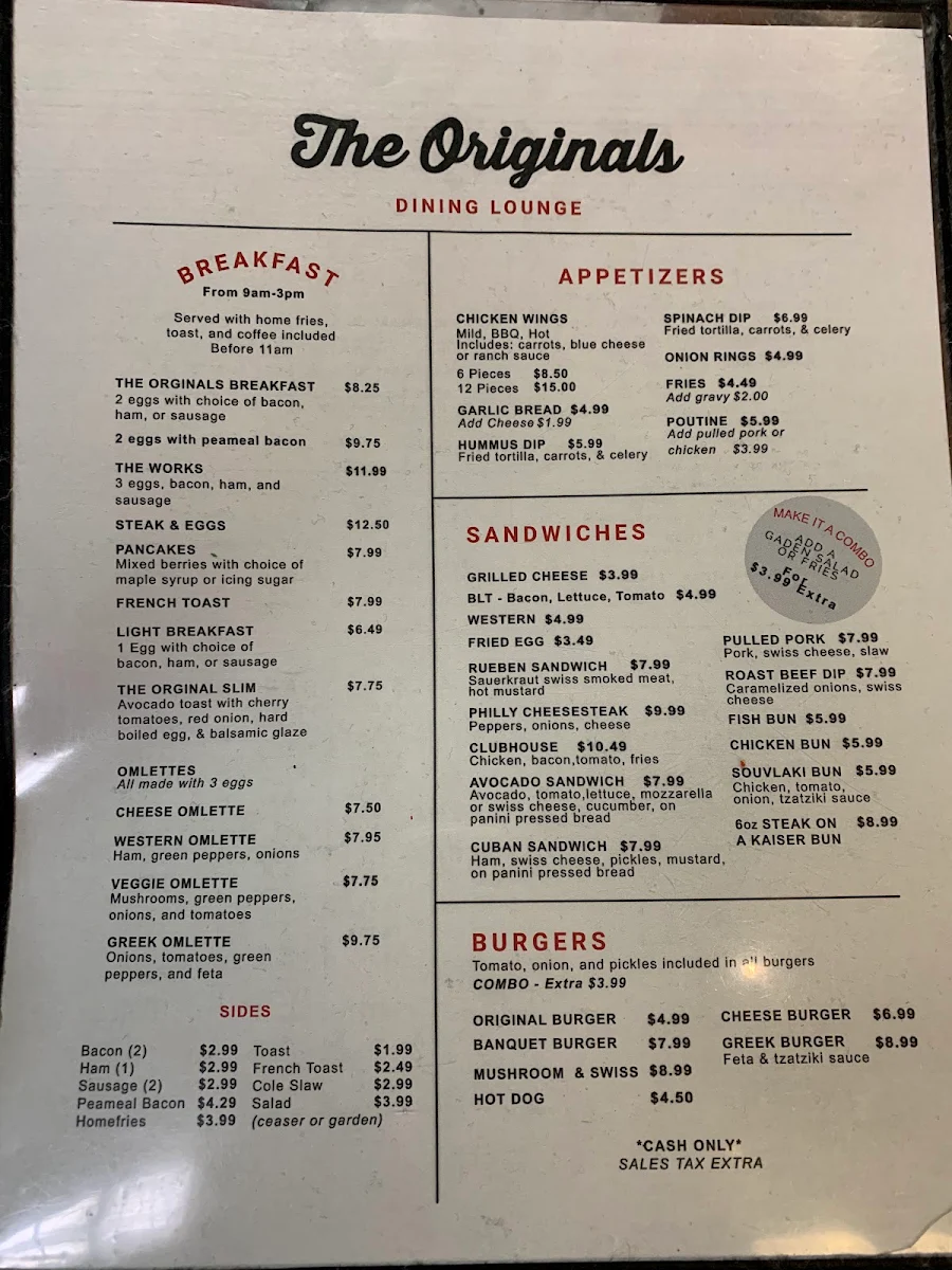 Menu, The Originals Dining Lounge
