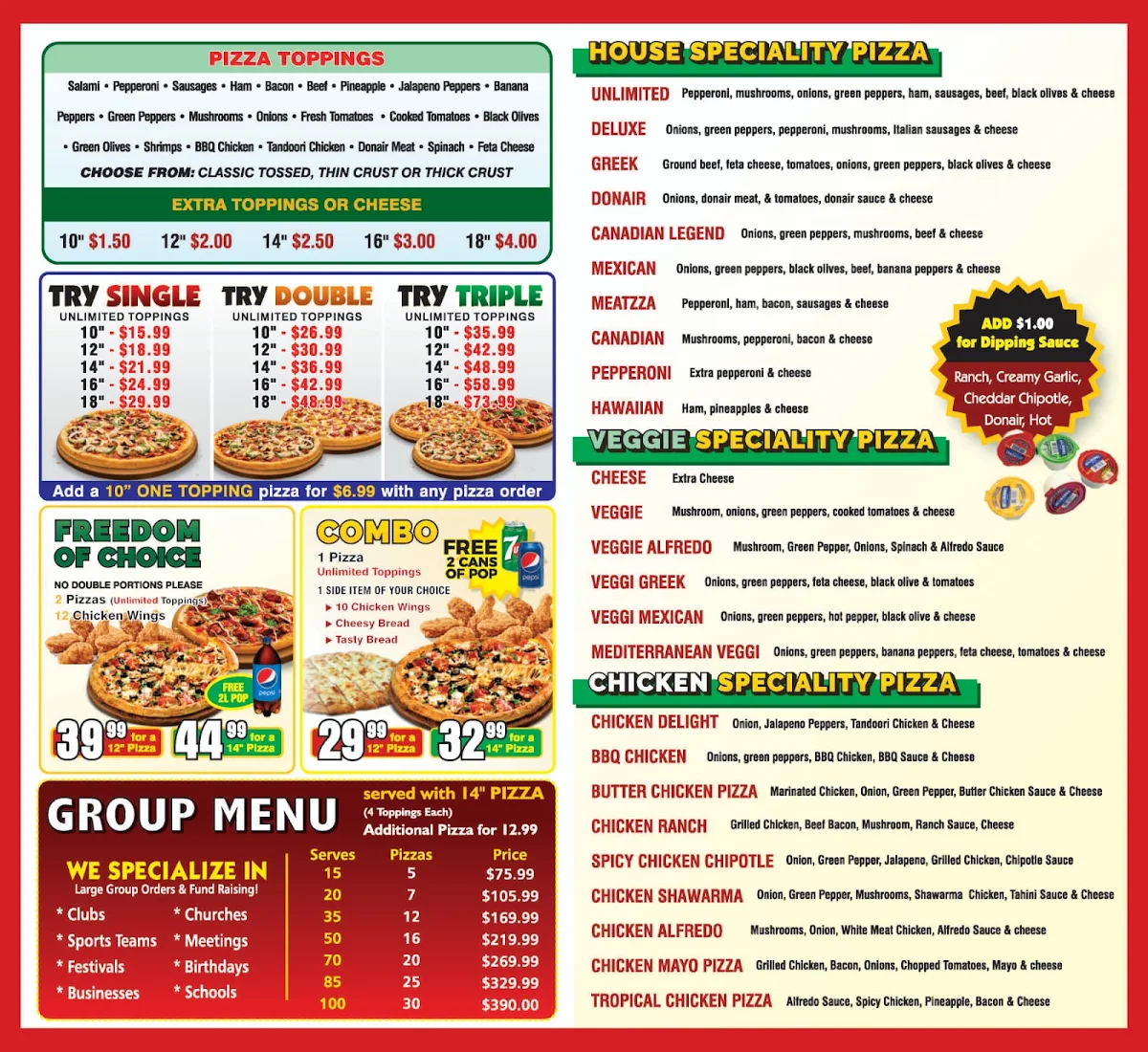 Menu, Canadian Pizza Unlimited & Donair