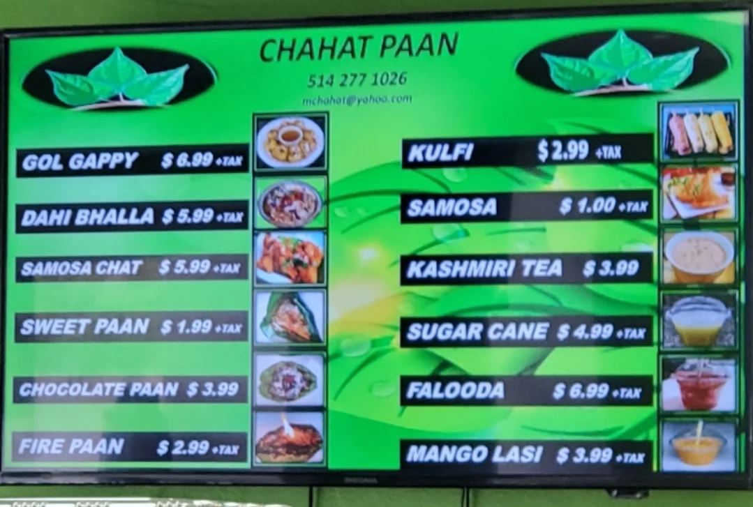 Menu, Chahat Paani Puri and Paan